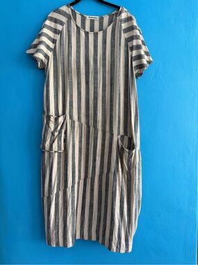 Mordenmiss Linen Cotton Stripe Pocket Dress